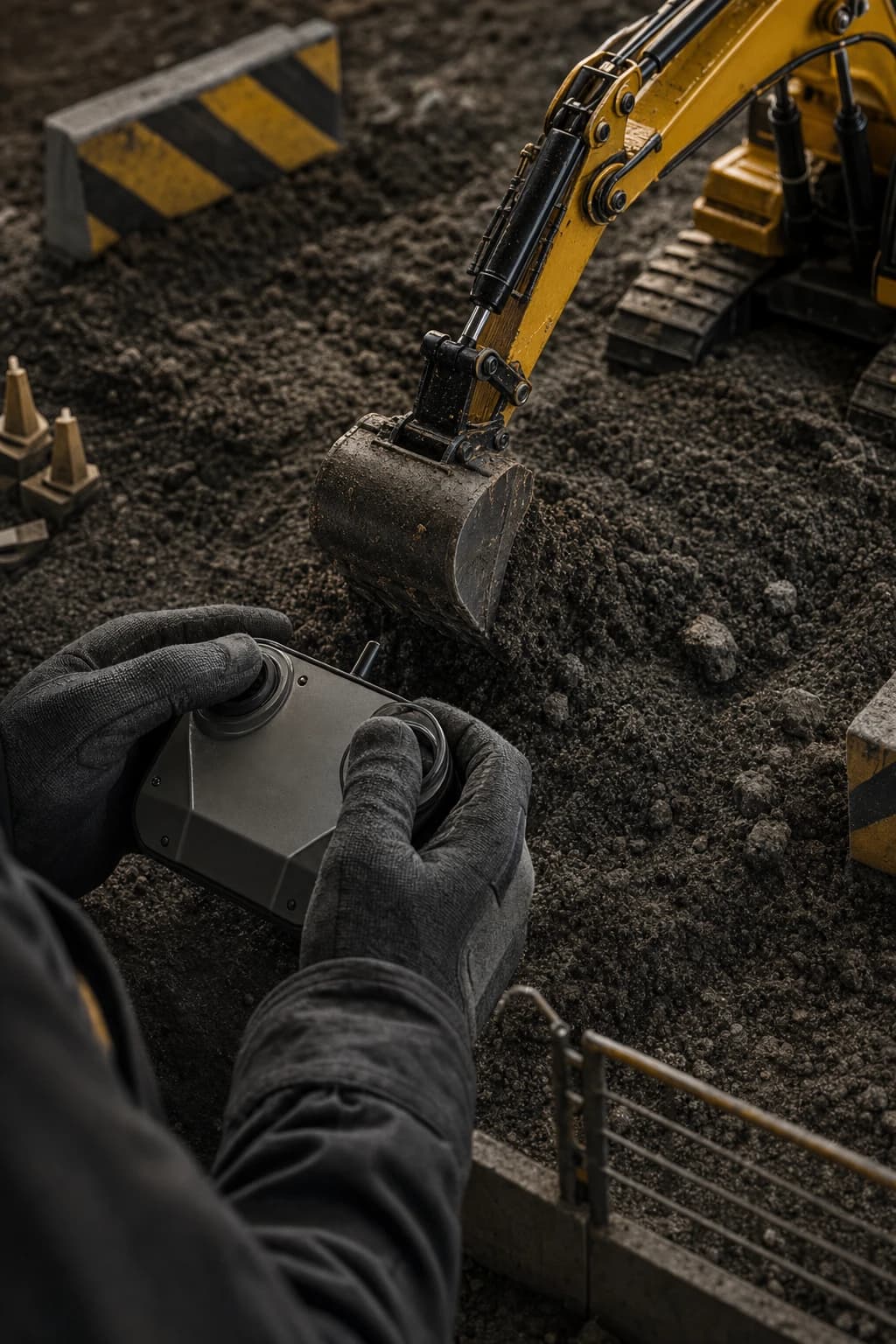 Gloved hands operating a remote controller while a small excavator digs in dark soil