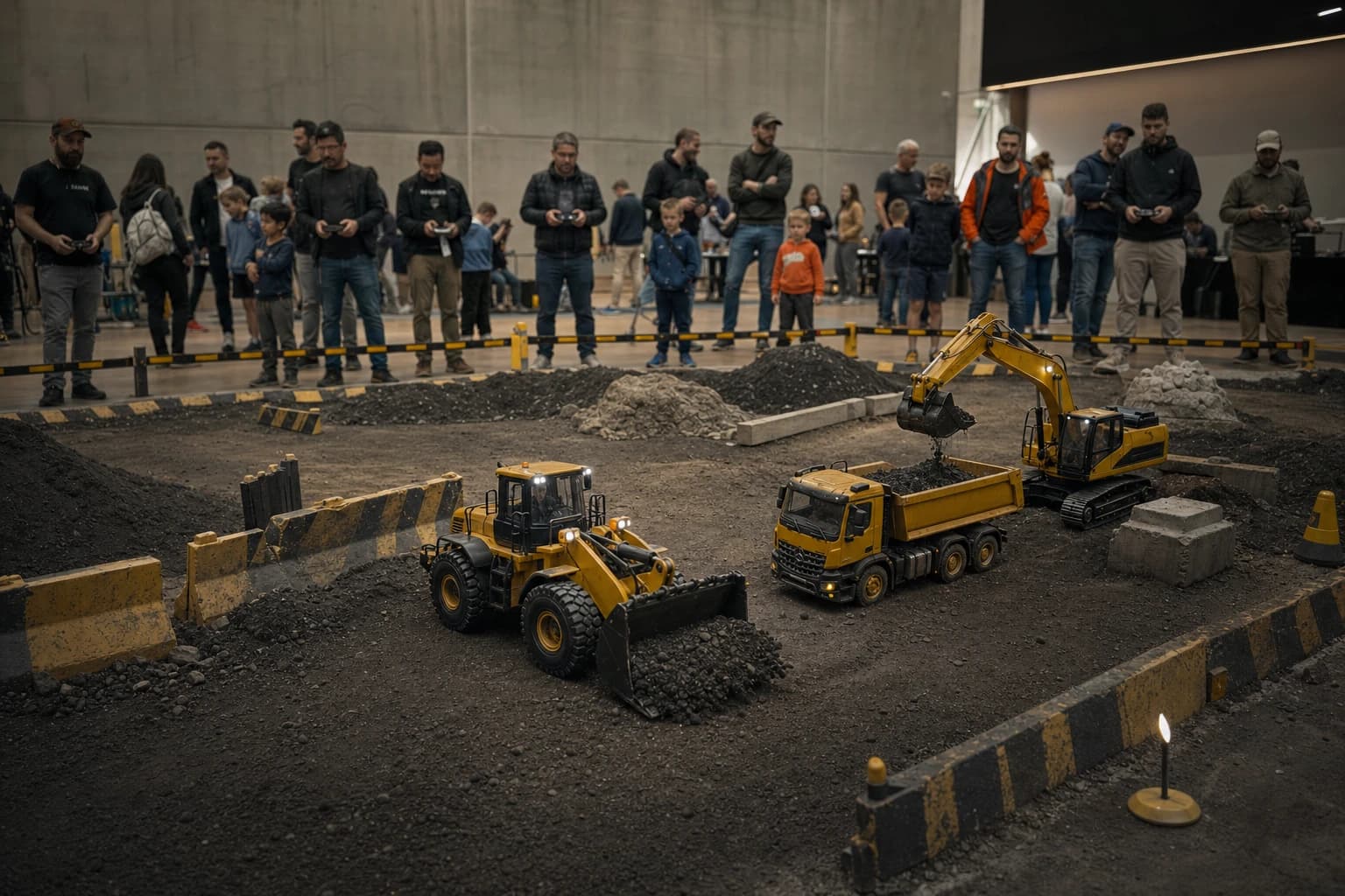 Adults and families watching remote-controlled construction machines at a temporary indoor event