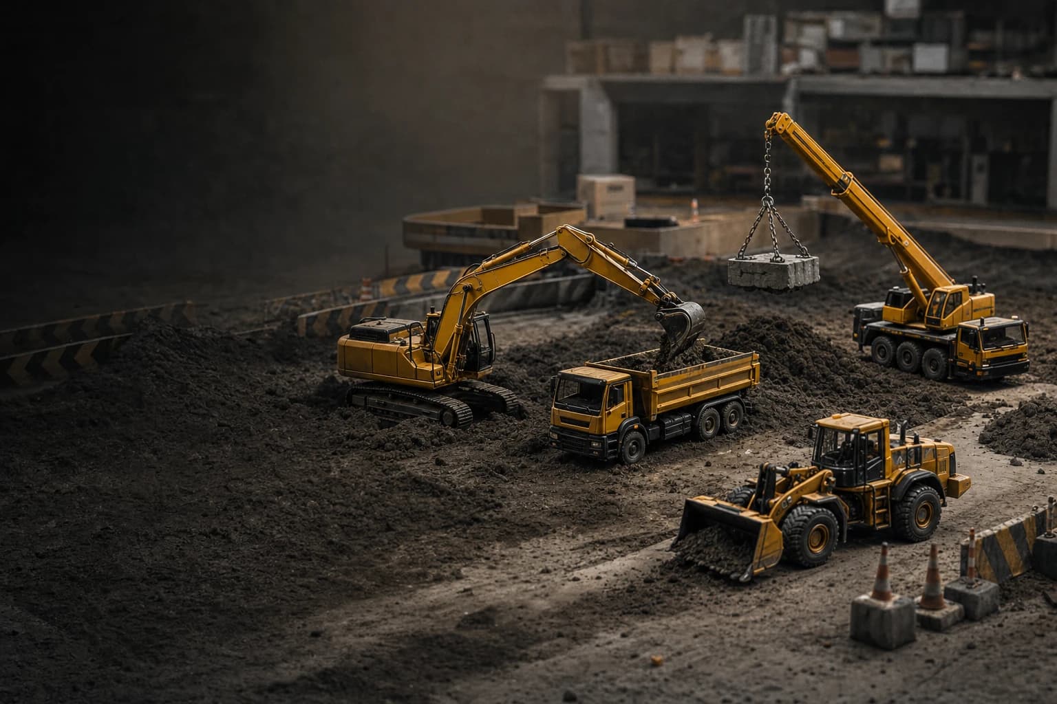 Four yellow remote-controlled construction machines working on a miniature building site